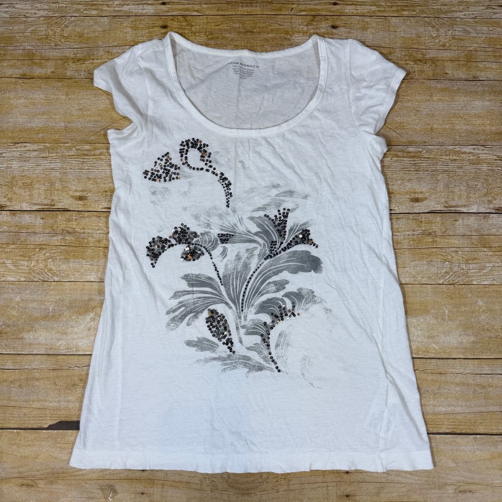 Club Monaco White Beaded Sequin Embellished Top Scoopneck Short Sleeve Tee S